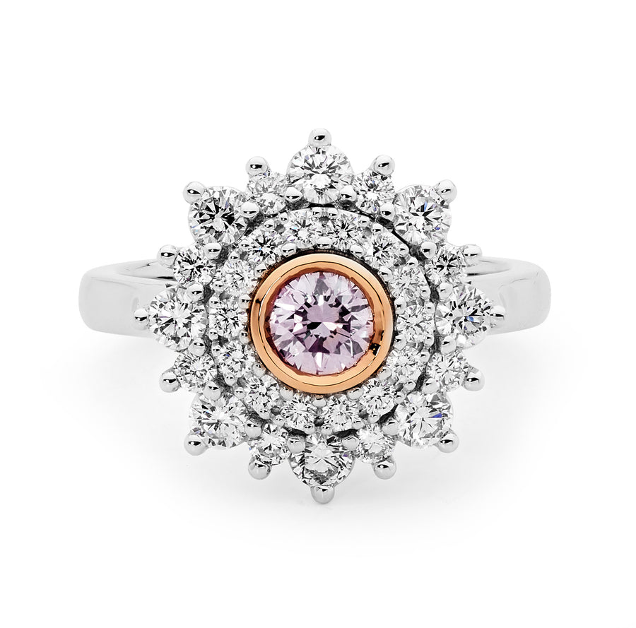 Pink and white diamond double halo ring