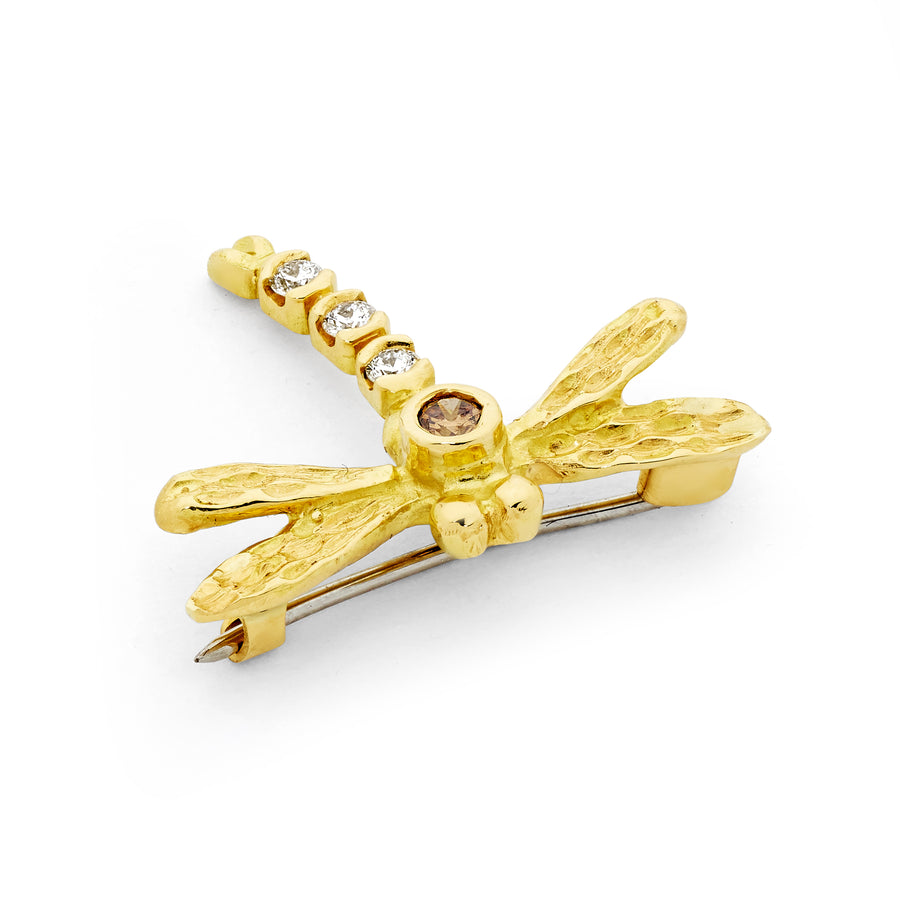 18ct Gold Champagne Diamond Dragonfly Brooch