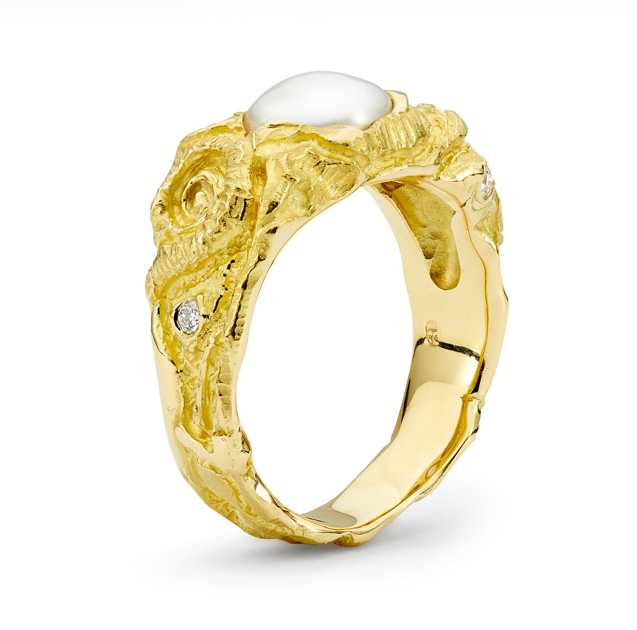 Yellow Gold Keshi Pearl and Diamond Ring
