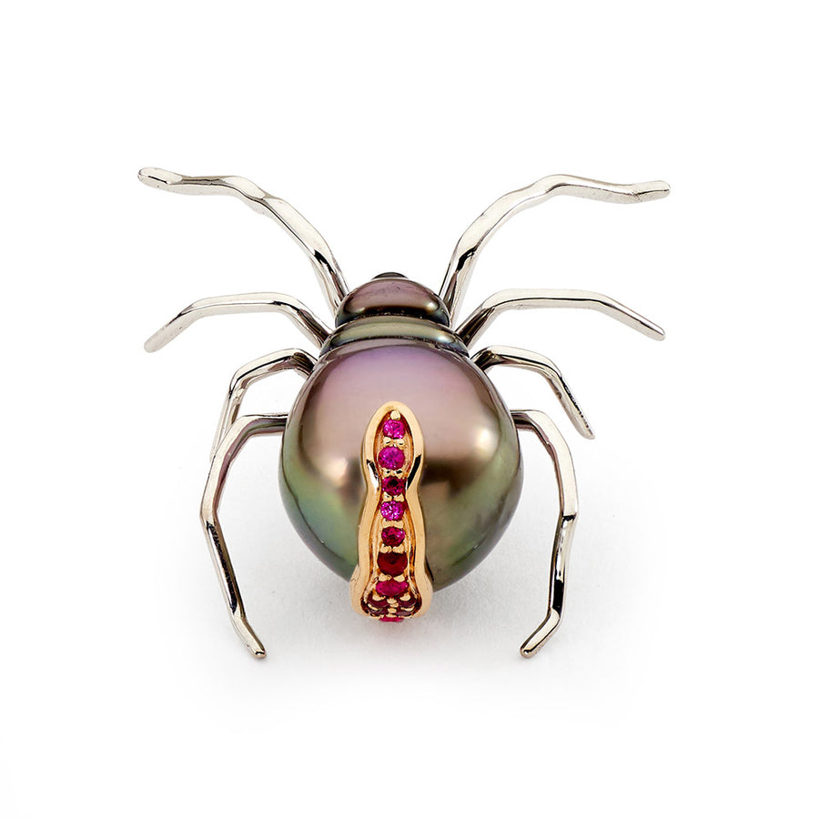'Redback' Tahitian South Sea Pearl and Ruby Spider Brooch