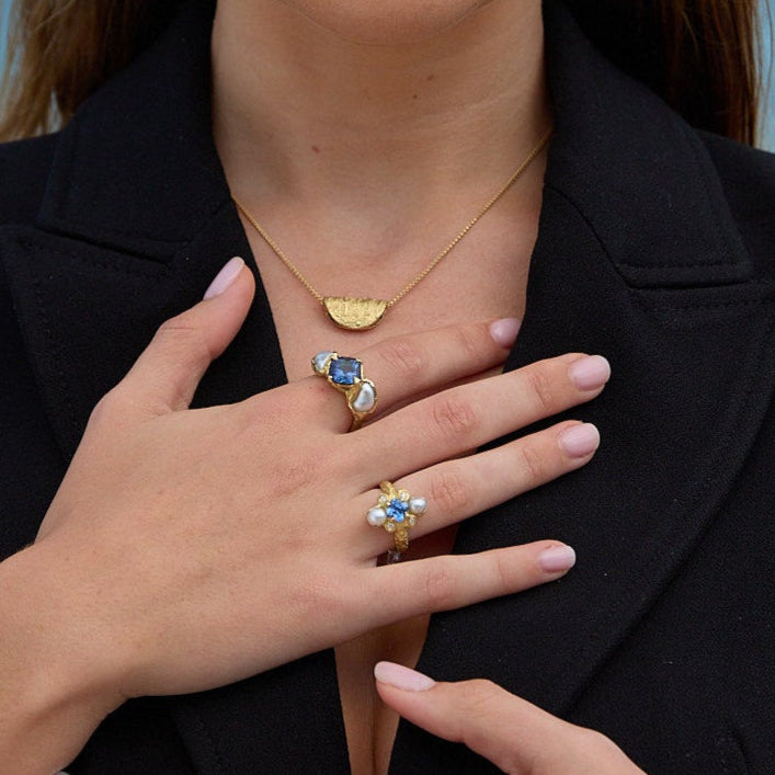 'Kimberley Moon' Blue Tanzanite & South Sea Pearl Ring