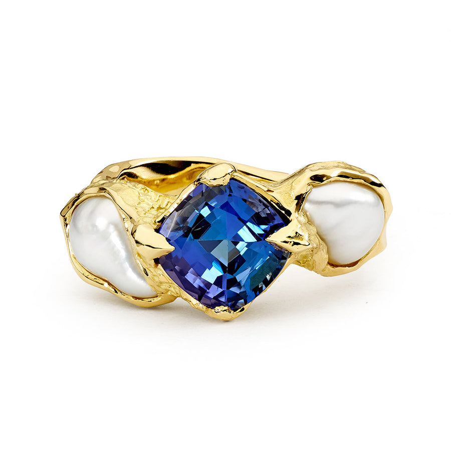 'Kimberley Moon' Blue Tanzanite & South Sea Pearl Ring