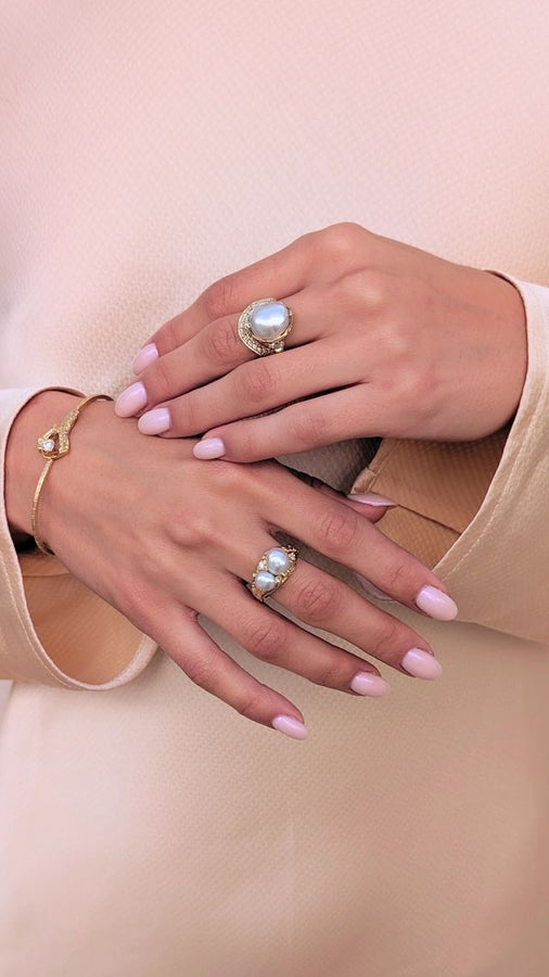 Yellow Gold Pearl and Pave Set Diamond Ring