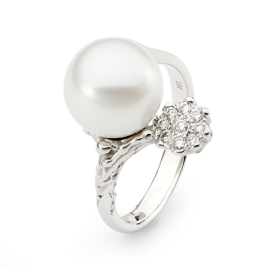 Pave Set Diamond and Pearl Ring