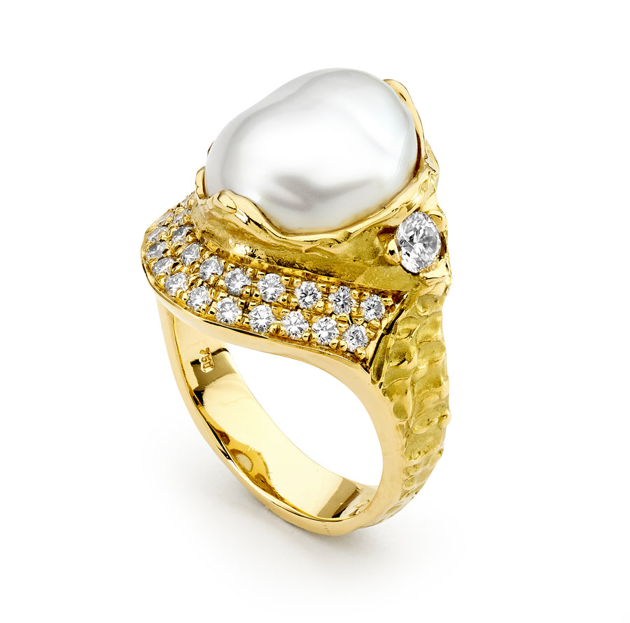 Yellow Gold Pearl and Pave Set Diamond Ring