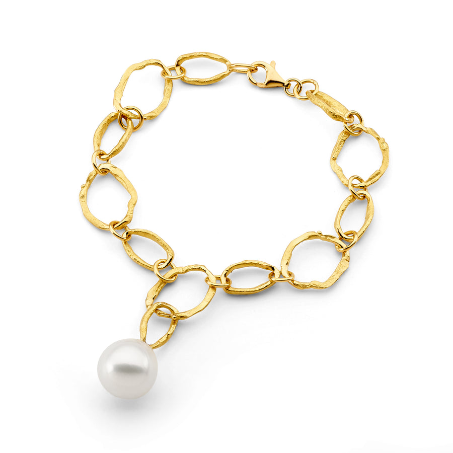 Yellow Gold Textured Link Bracelet with Pearl