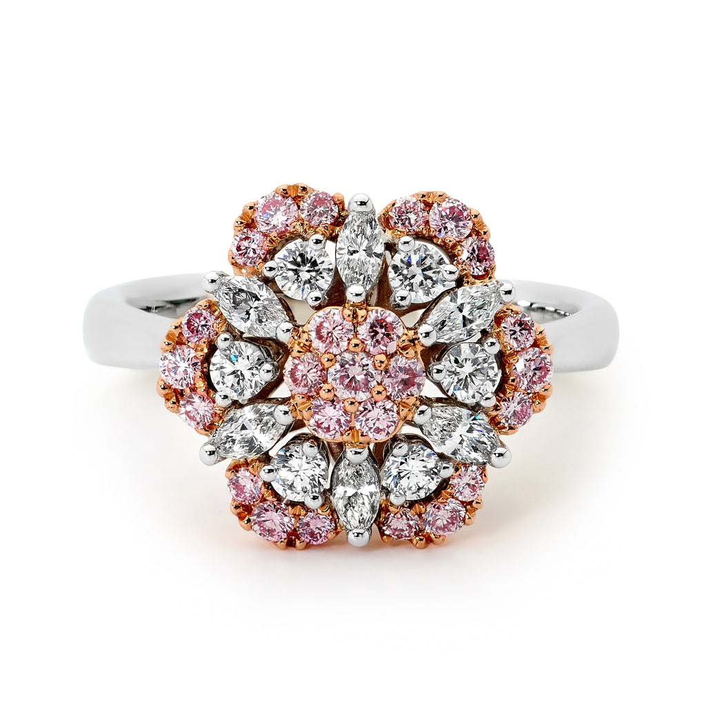 18ct White and Rose Gold Pink Floral Diamond Ring – Linneys Jewellery