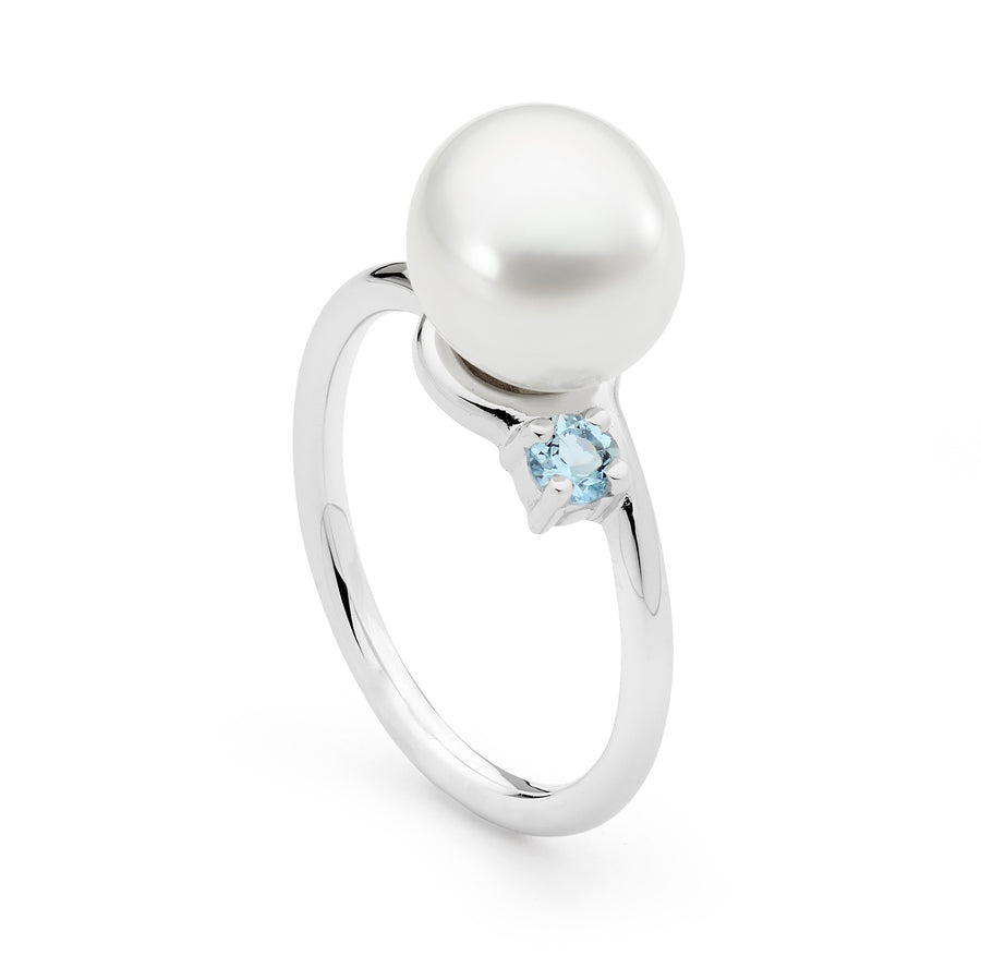 White Gold Pearl and Aquamarine Ring