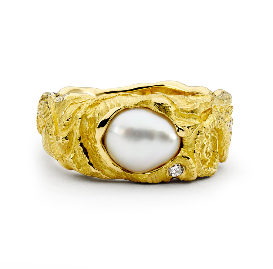 Yellow Gold Keshi Pearl and Diamond Ring