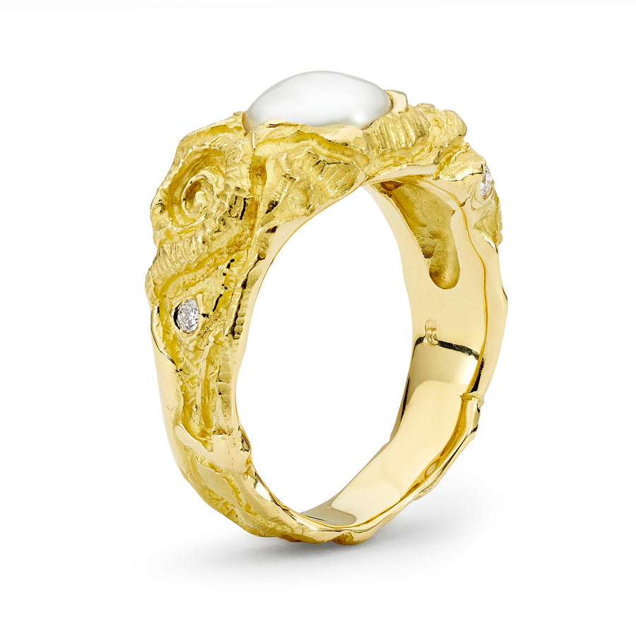 Yellow Gold Keshi Pearl and Diamond Ring