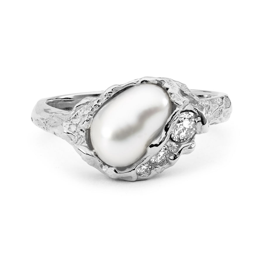 White gold Baroque pearl and diamond ring