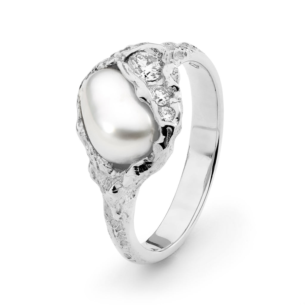 White gold Baroque pearl and diamond ring