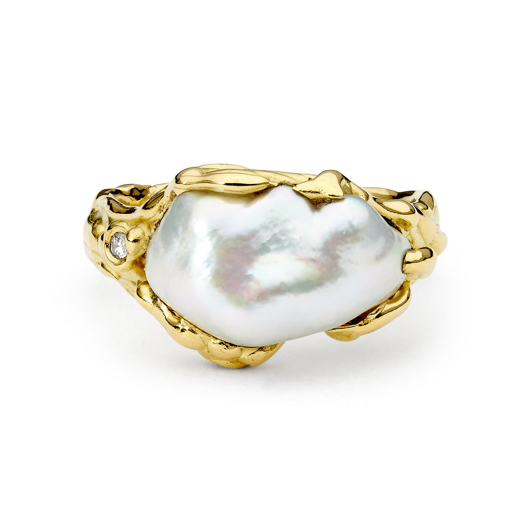 Organic Textured yellow gold pearl ring with flush set diamonds