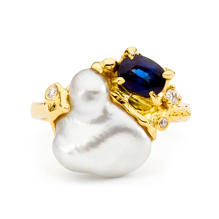 'Moonlight' South Sea Pearl, diamond and sapphire Ring