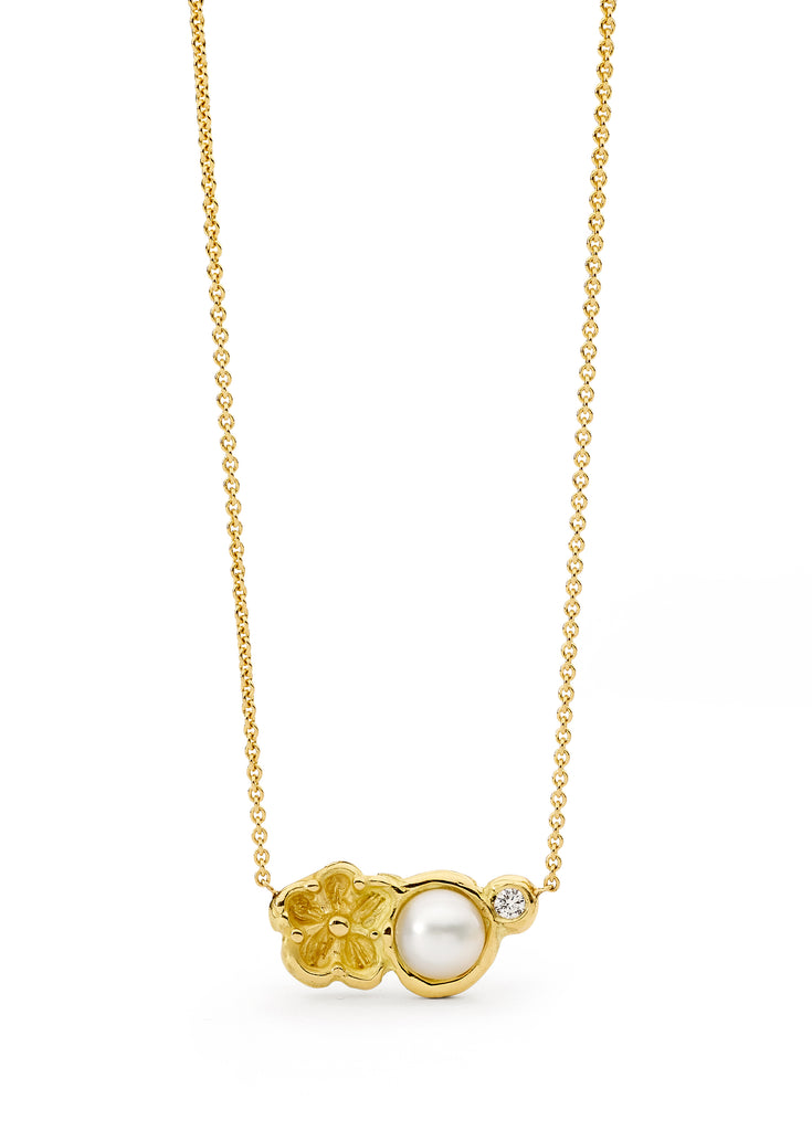 Yellow Gold Diamond and Pearl Coastal Flower Necklace