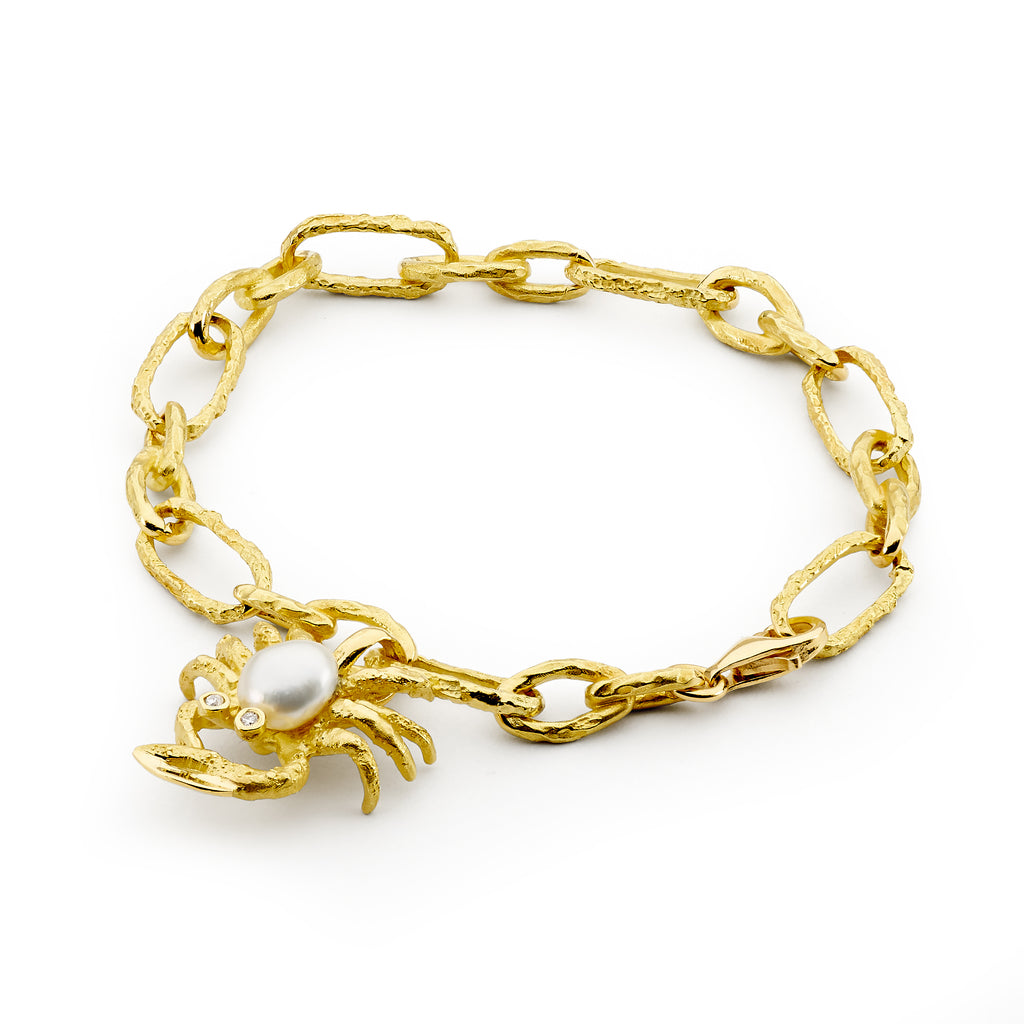 Yellow Gold Pearl and Diamond Crab Bracelet
