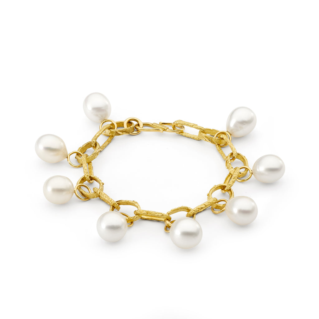 Textured Yellow Gold Pearl Link Bracelet