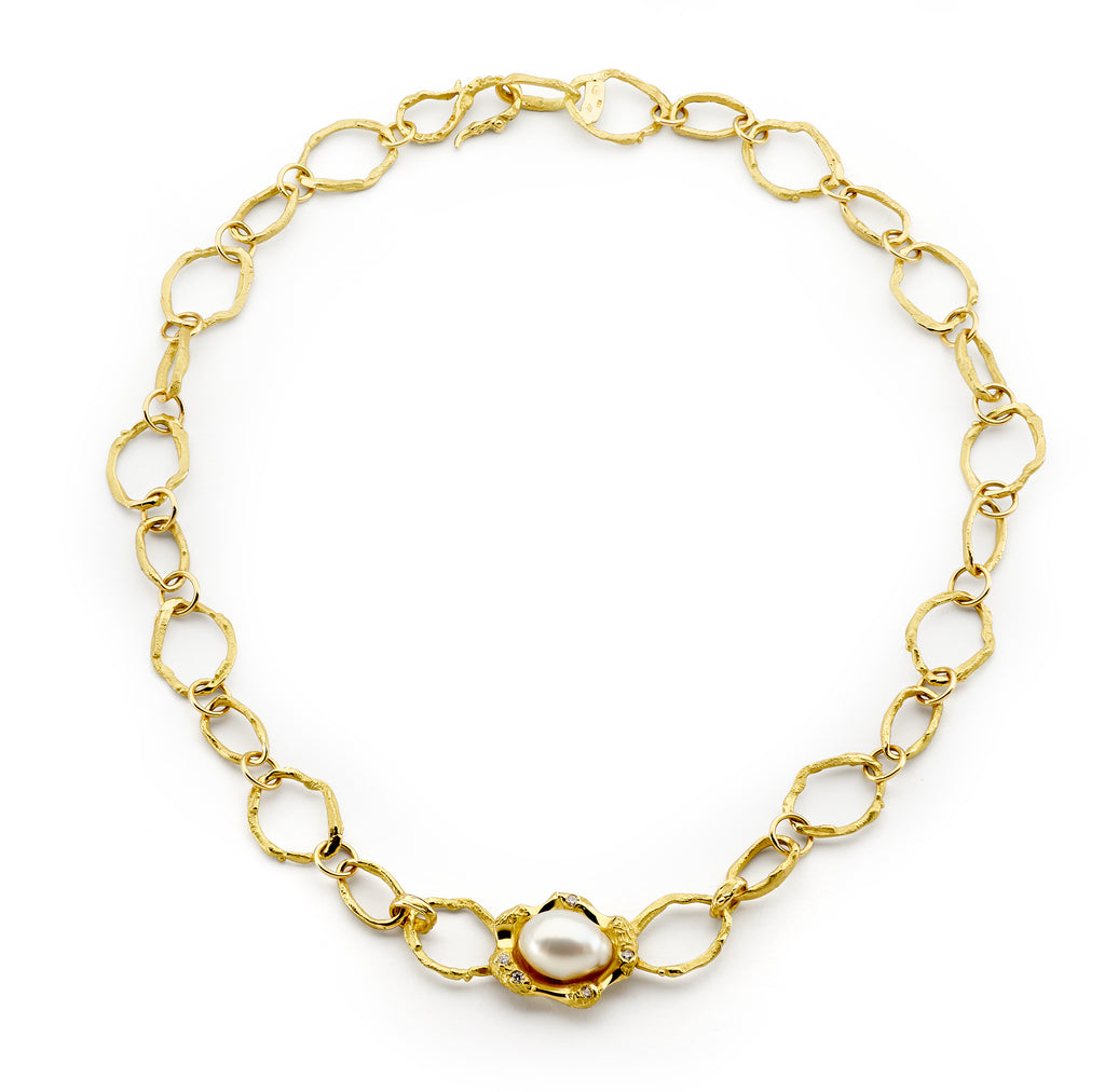 Yellow Gold Pearl Link Necklace