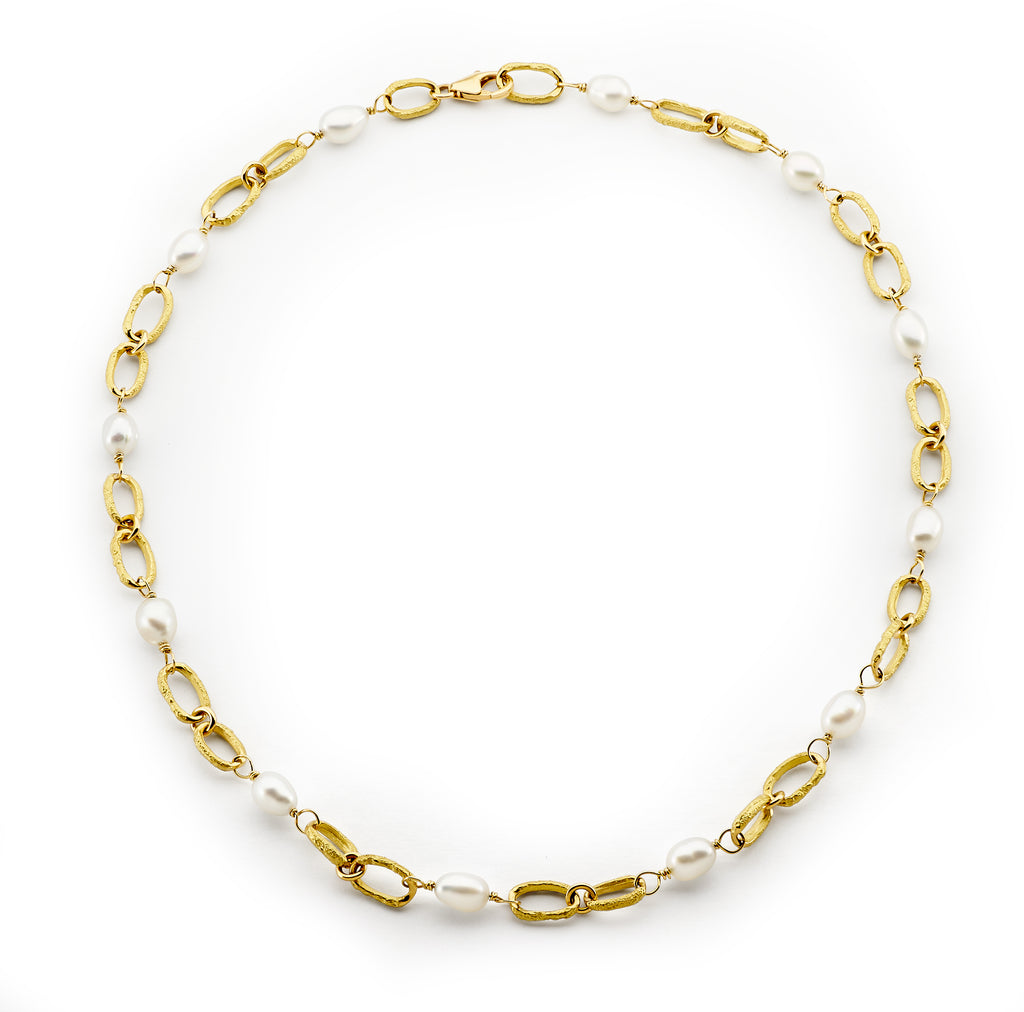Yellow Gold Pearl Link Necklace