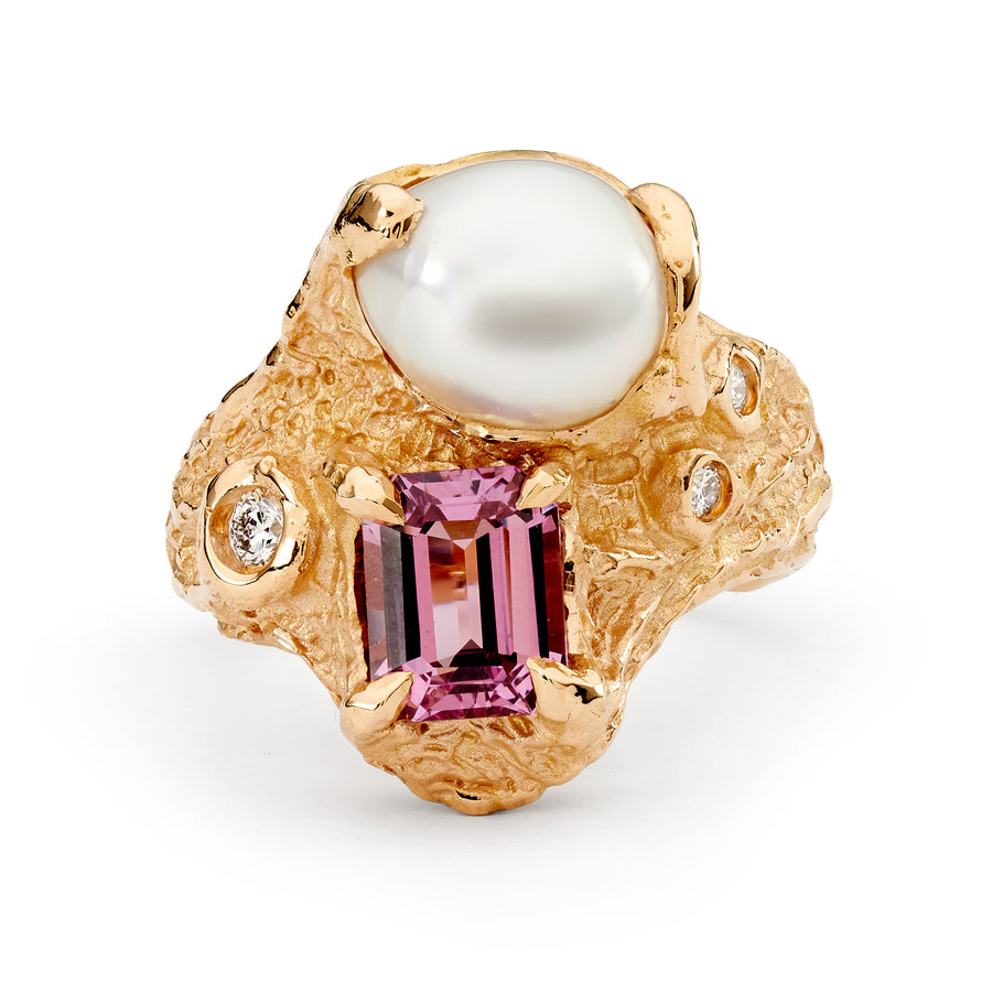 Rose Gold Textured Gemstone and Baroque Pearl Ring