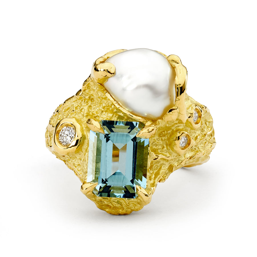 'Where the Desert Meets the Sea' Aquamarine, South Sea Pearl and Diamond Ring