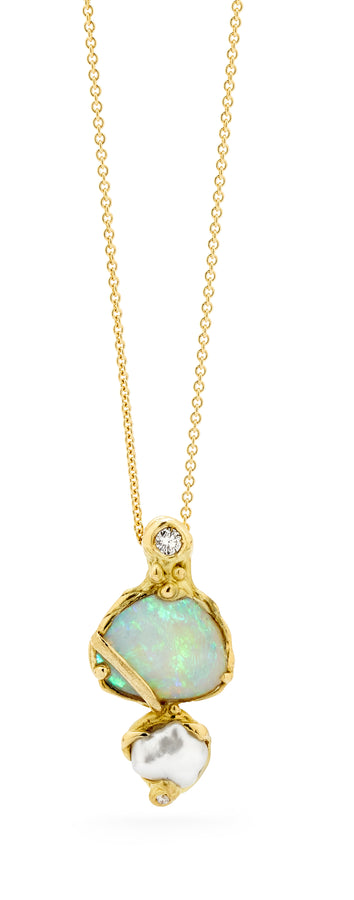 Triangular opal set with diamond and pearl pendant