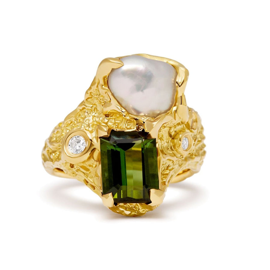 'Ivy' tourmaline and pearl ring