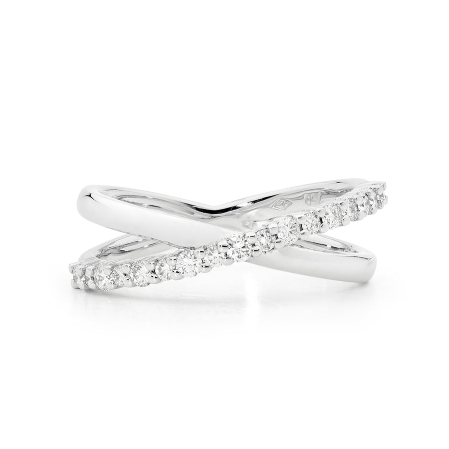 White Gold Diamond Cross Over Ring