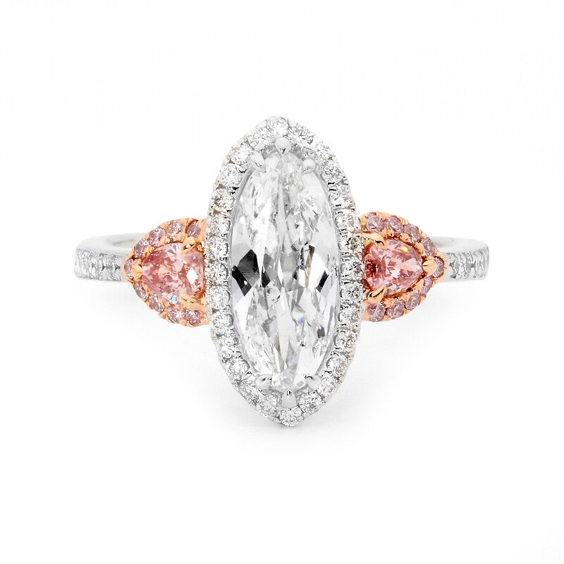 Marquise Cut Pink Tourmaline and Milgrain Diamond Cluster Ring in White  Gold by Natalie Barney