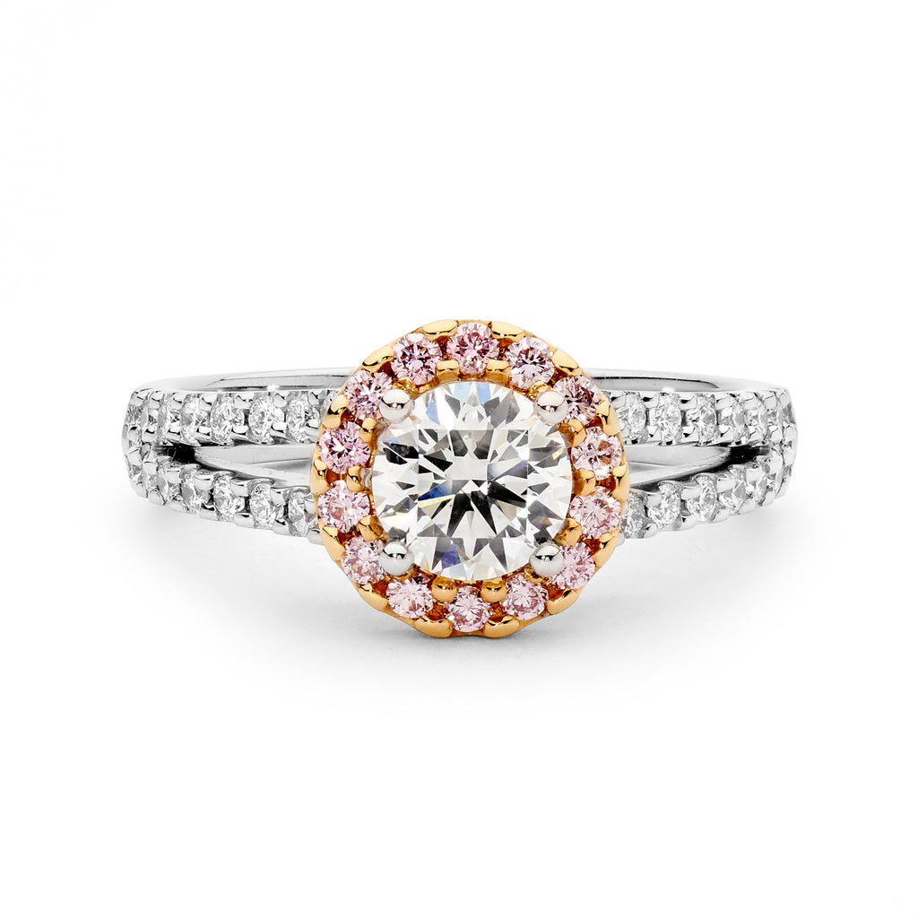 Pink and White Diamond Halo Ring with Split Band