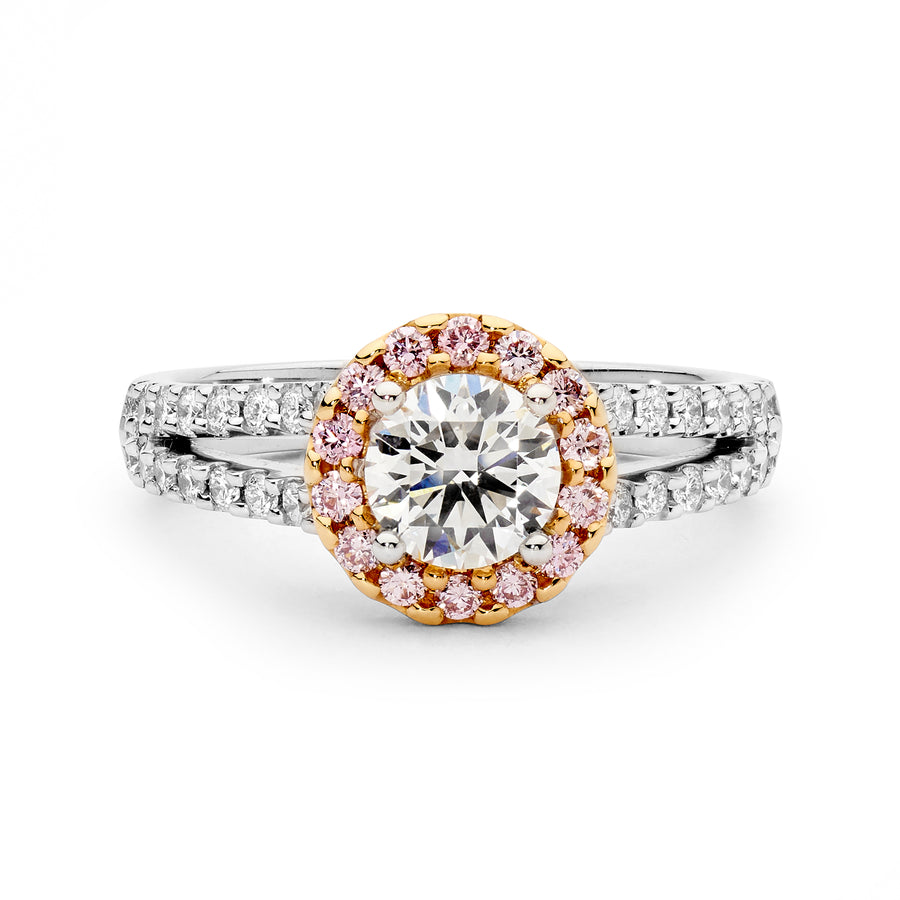 Pink and White Diamond Halo Ring with Split Band