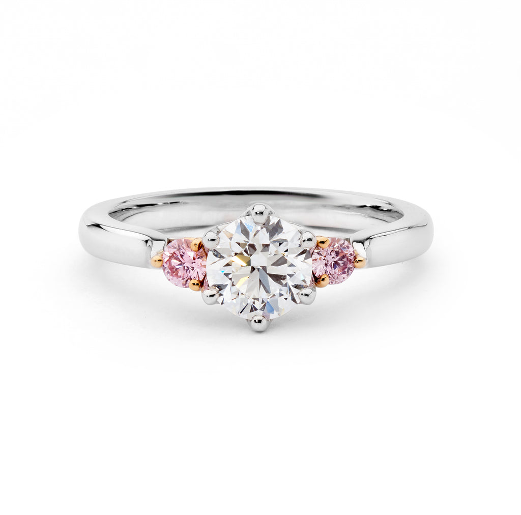 Three Stone Round Brilliant Cut Pink and White Diamond Ring