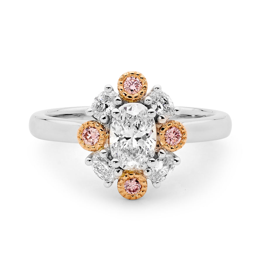 Pink and white diamond vintage style ring