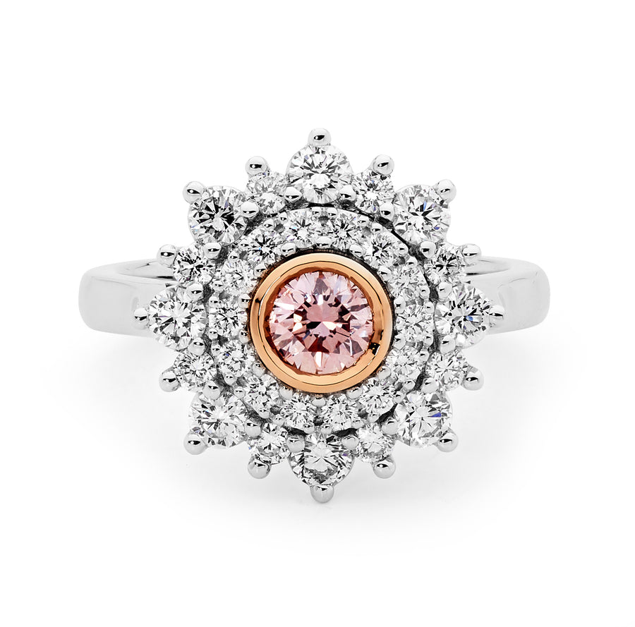Pink and white diamond double halo ring