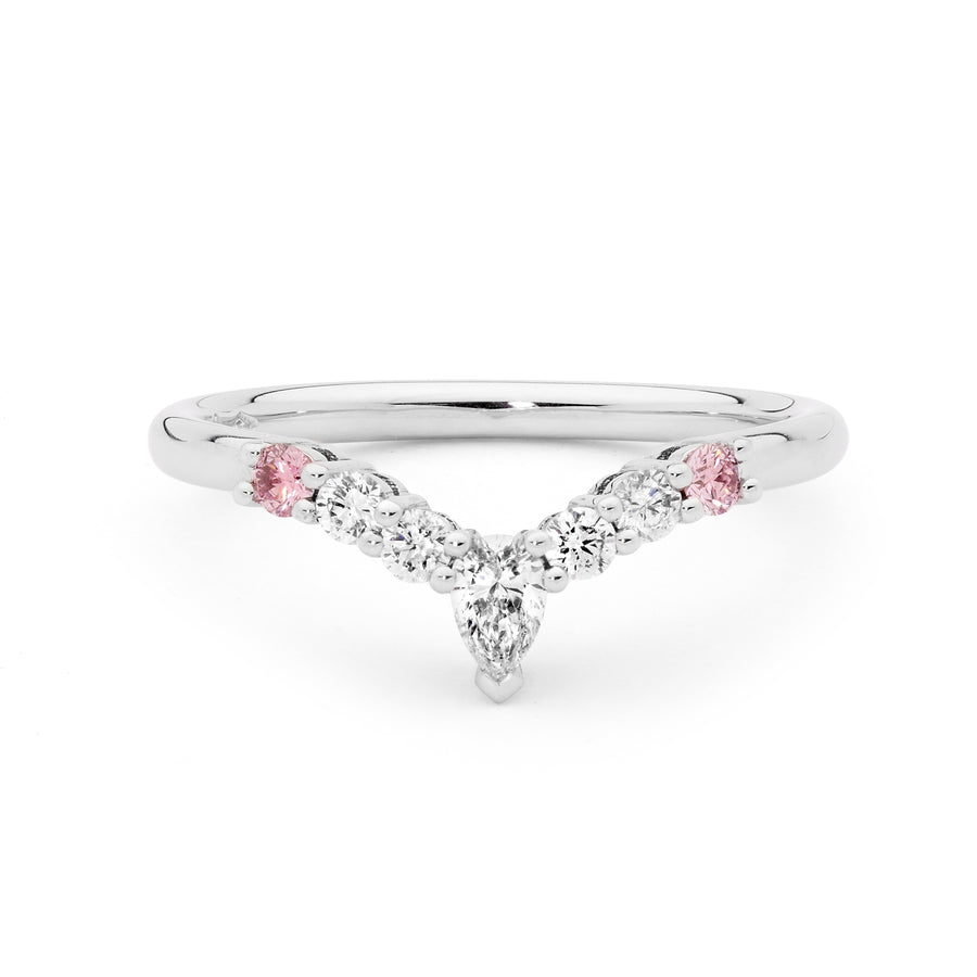 Pear Cut White Diamond Ring with Pink Diamond Features