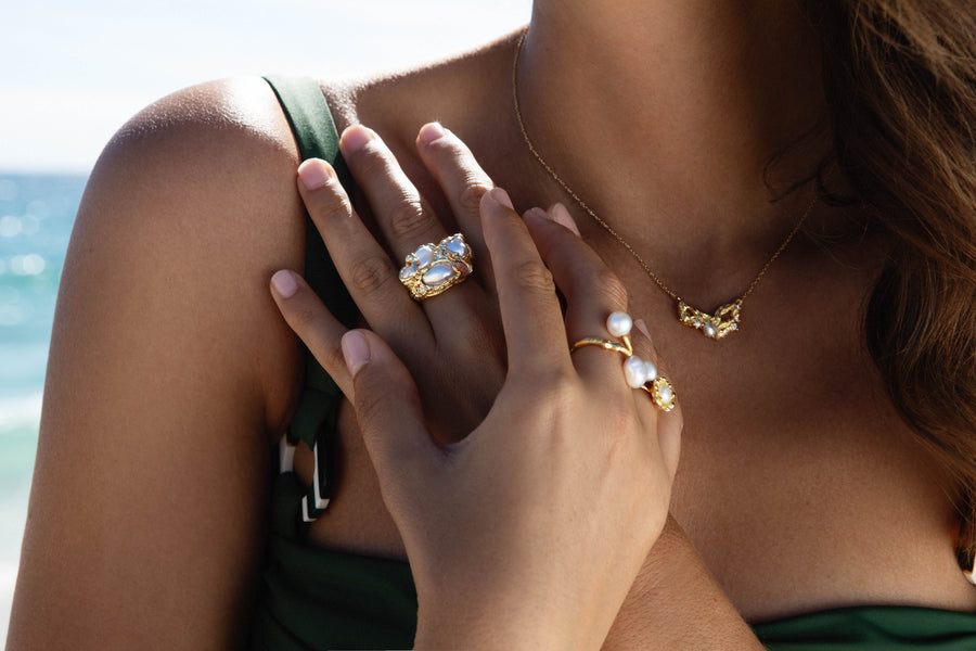 Freeform Style Keshi Pearl and Diamond Ring