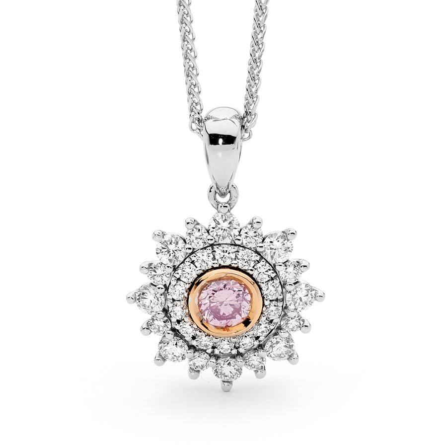 Pink and white diamond double halo pendant