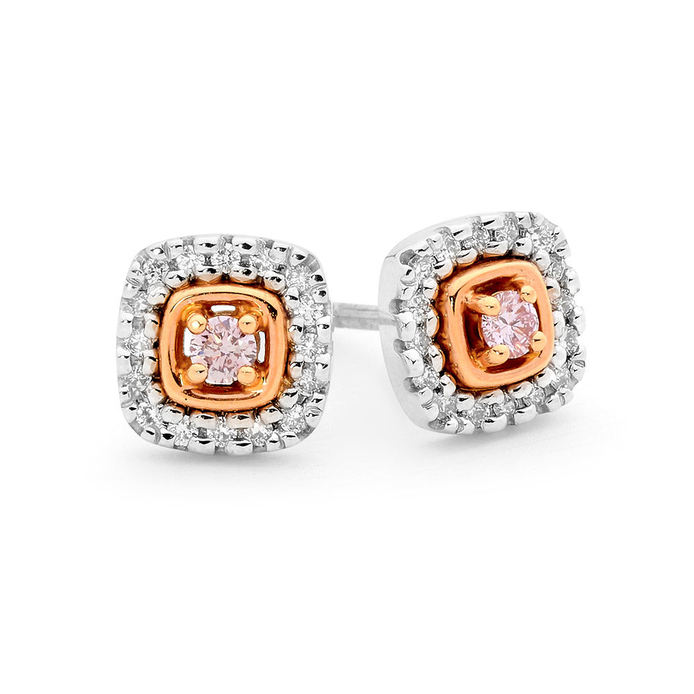 18ct Two Tone Argyle Pink Diamond Halo Stud Earrings