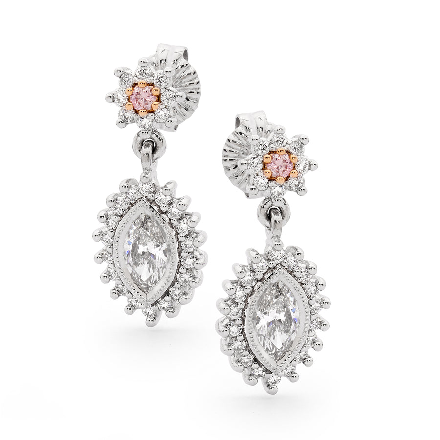 Marquise Cut White and Pink Diamond Evening Earrings