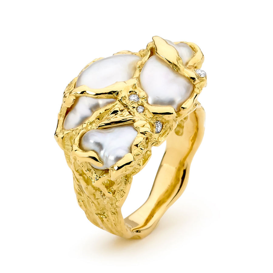 Freeform Style Keshi Pearl and Diamond Ring