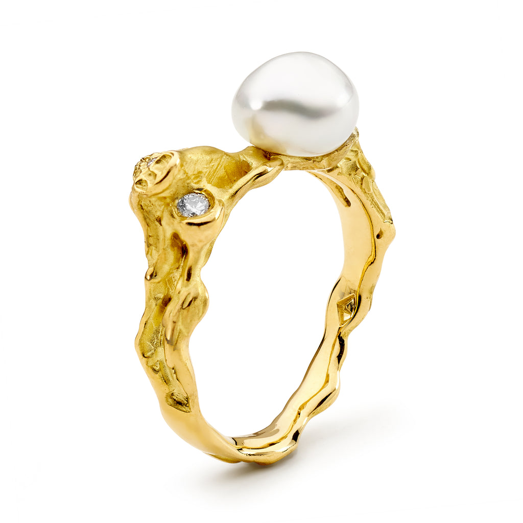 Diamond and Seedless Pearl Freeform Ring