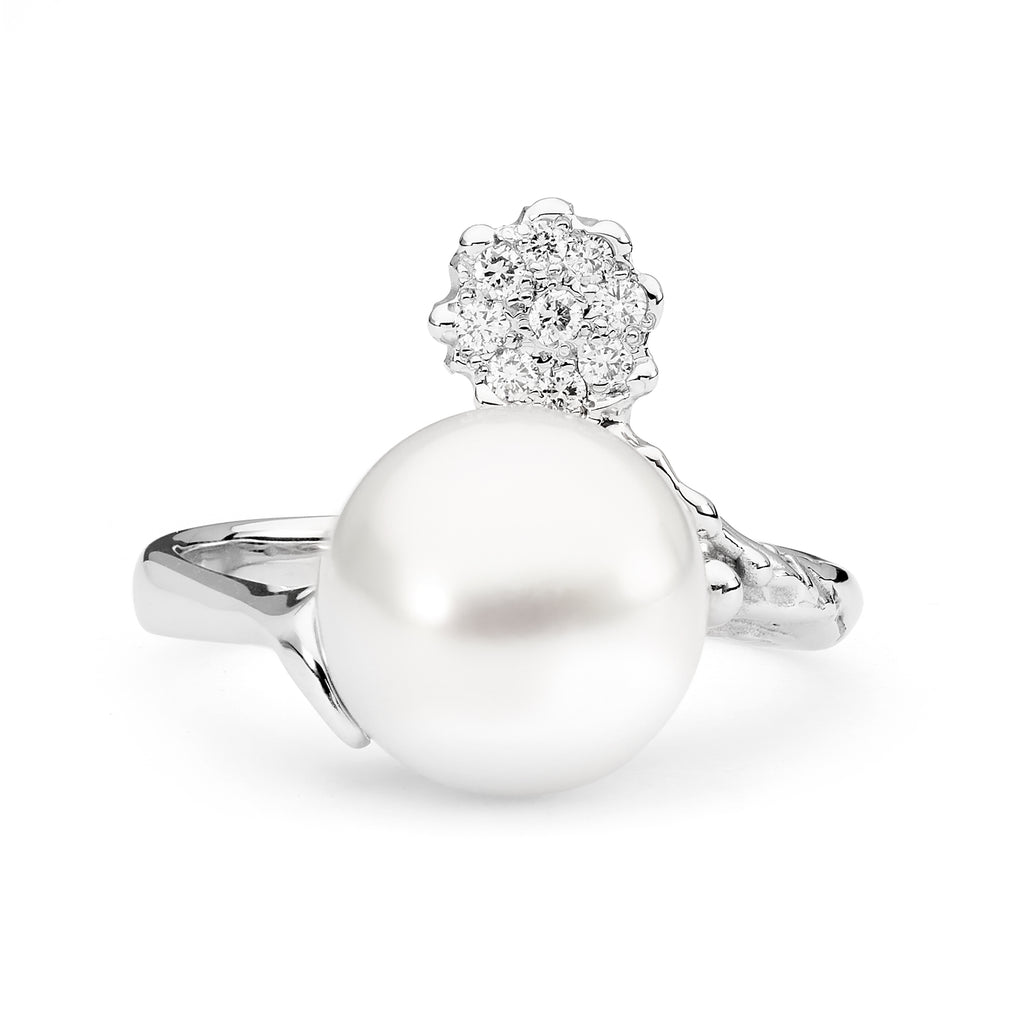 Pave Set Diamond and Pearl Ring