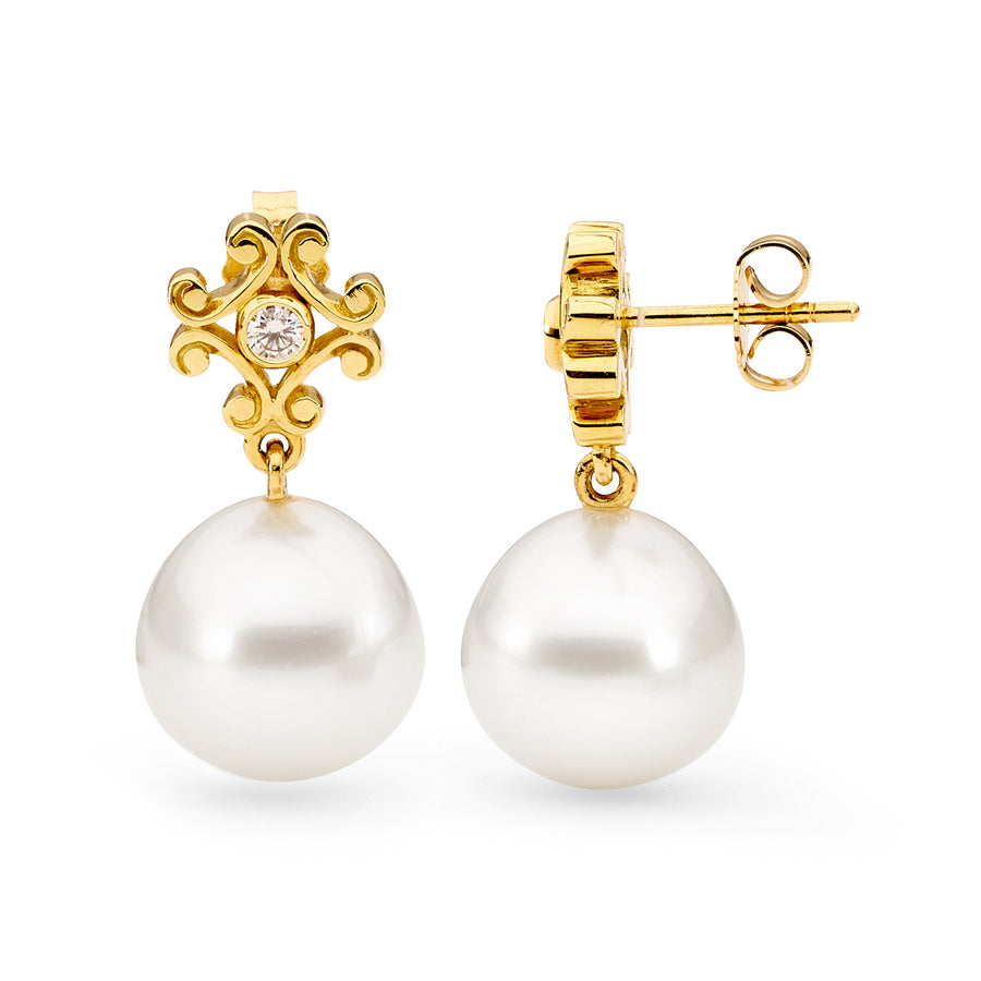 Vintage Style Yellow Gold, Pearl and Diamond Earrings