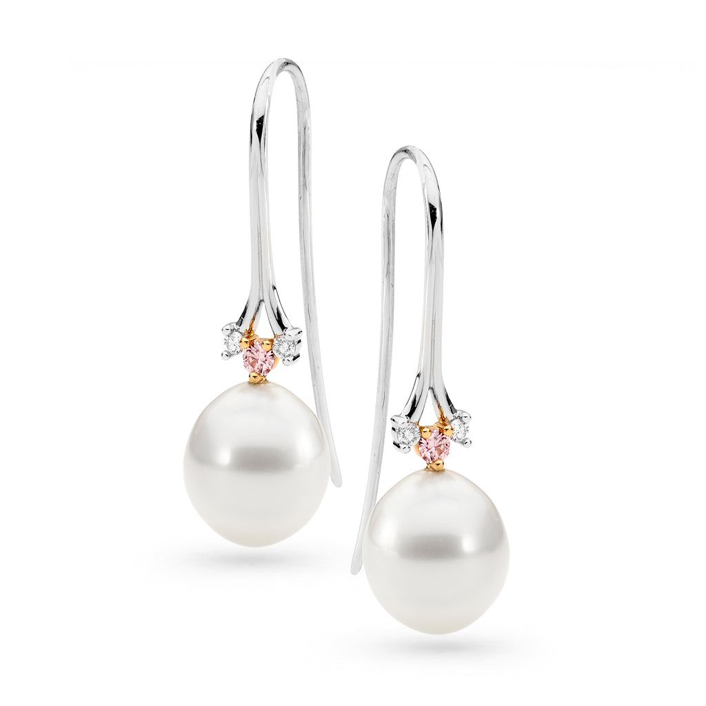 Pink and White Diamond Pearl Drop Earrings