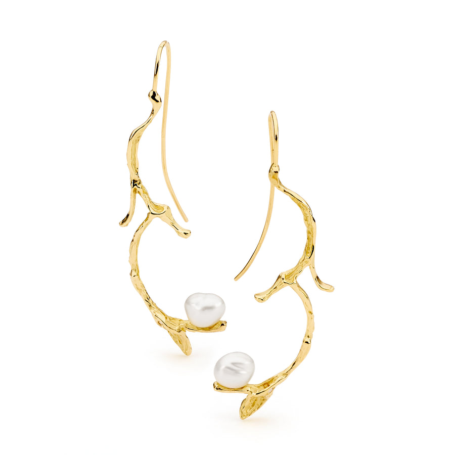 TEXTURED BRANCH EARRINGS WITH DIAMONDS AND PEARLS