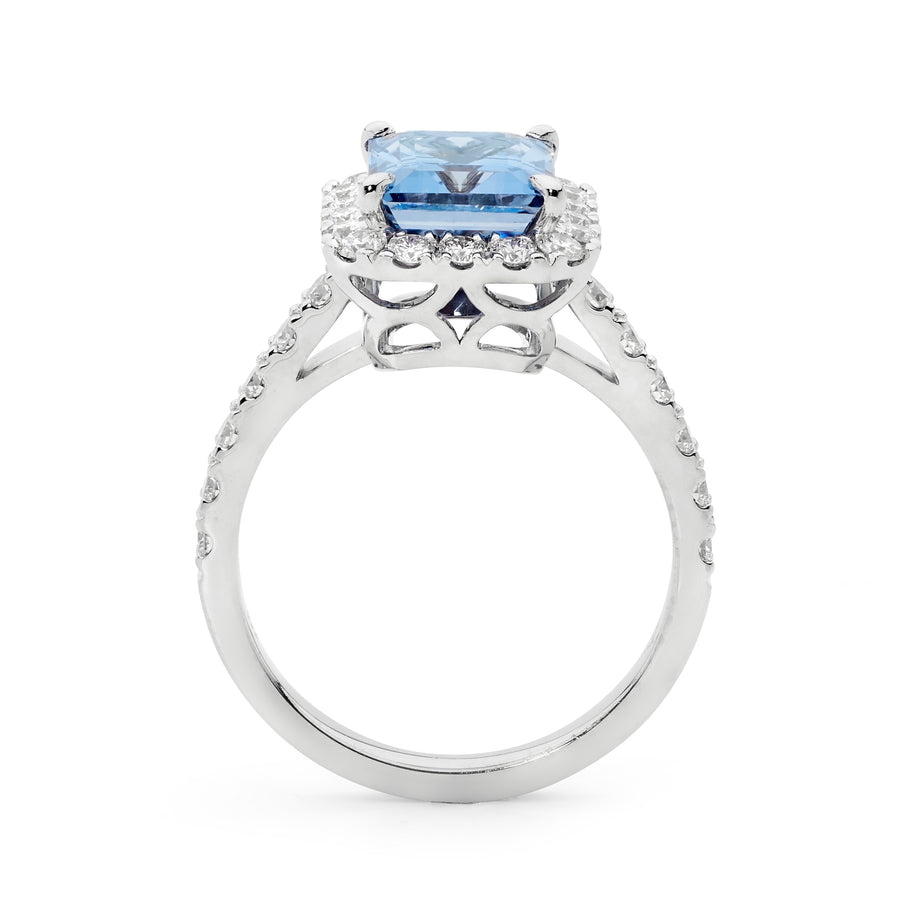 Emerald Cut Aquamarine and Diamond Halo Ring