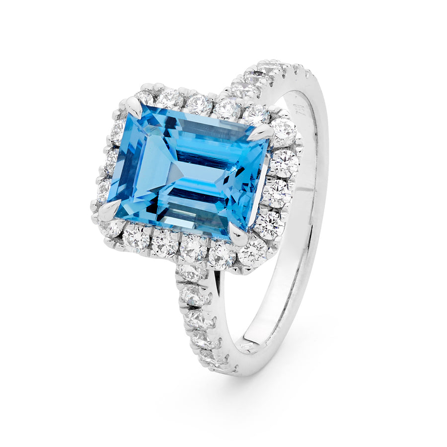 Emerald Cut Aquamarine and Diamond Halo Ring