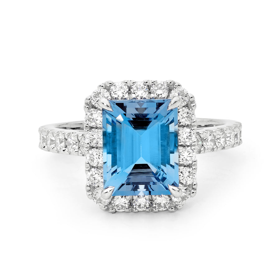 Emerald Cut Aquamarine and Diamond Halo Ring