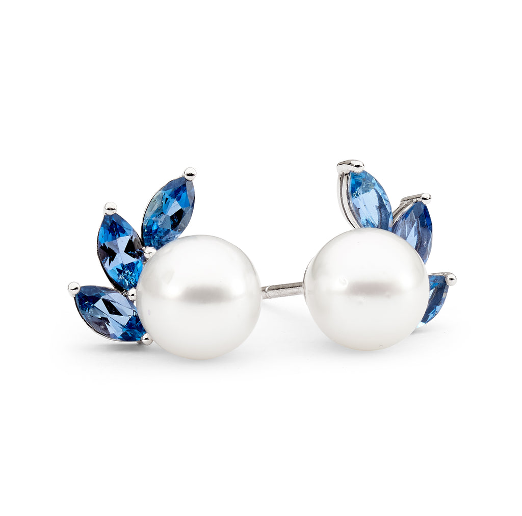 White Gold Pearl and Aqua Earrings