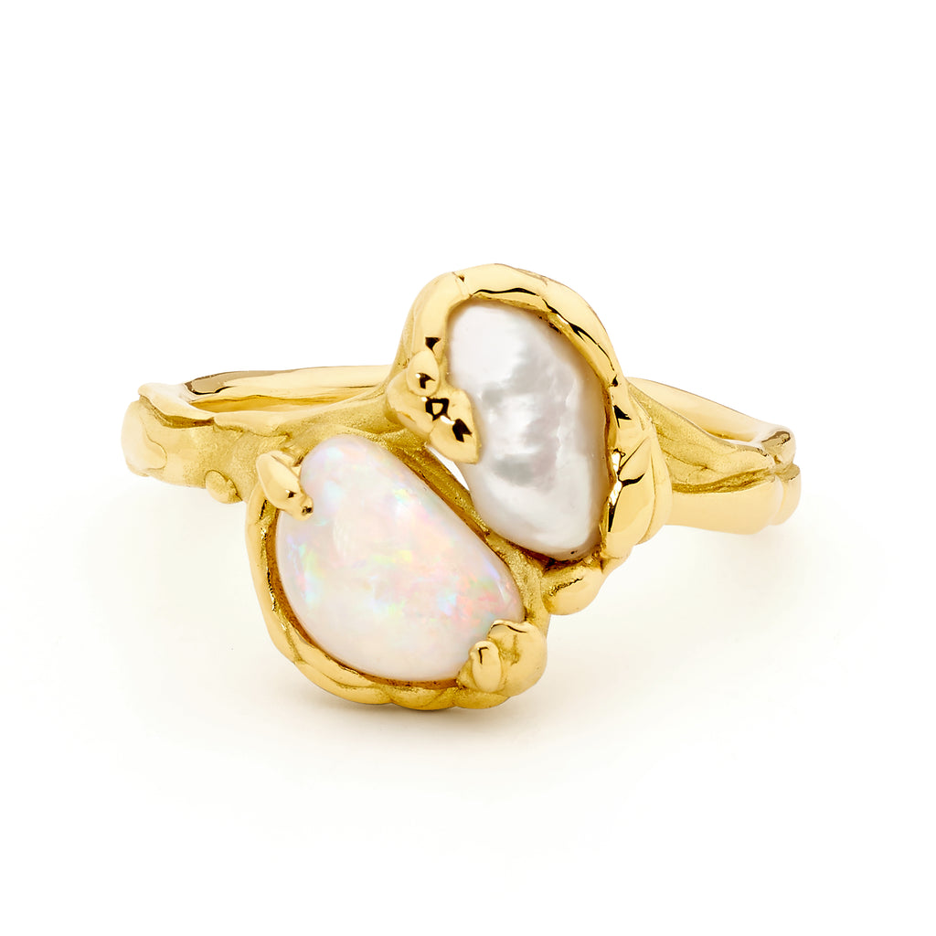 Freeform Australian South Sea Pearl and Opal Ring